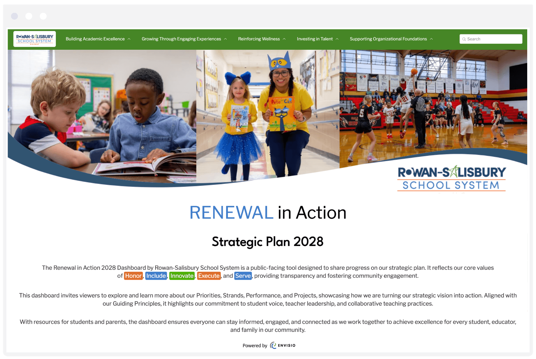 Rowan Public School strategic plan displayed on their Envisio public dashboard