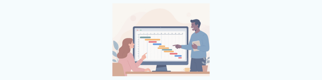 two colleagues looking at a computer screen showing a gantt chart