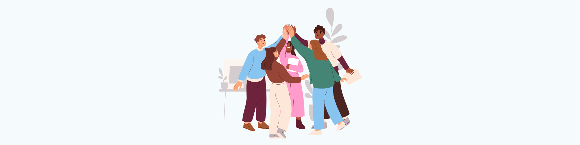 team celebrating by giving a group high five