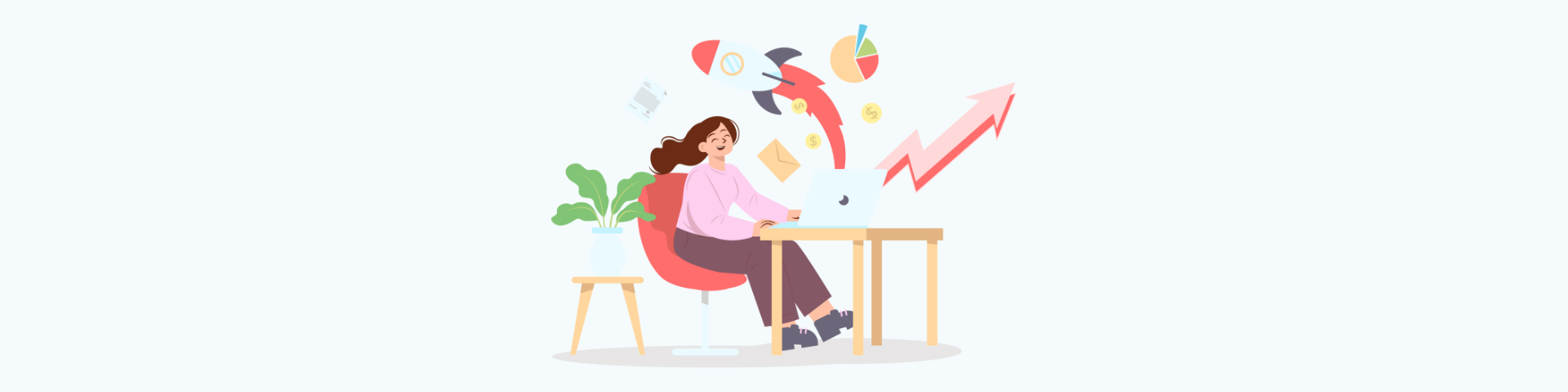 Girl cartoon illustration looking at laptop screen with rocket launching out of it