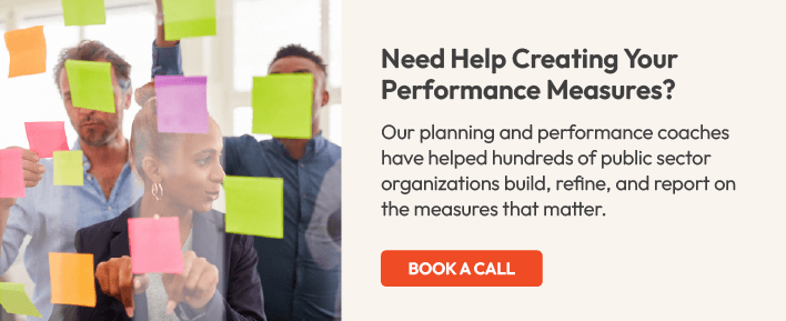 Image of a group of people collaborating around a wall of post-it notes at an Envisio performance measures workshop, with a button encouraging the reader to "Book a Call".