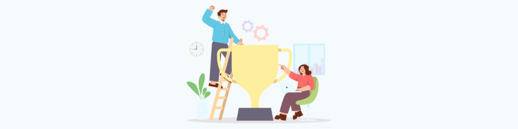 Two cartoon characters celebrating with a trophy