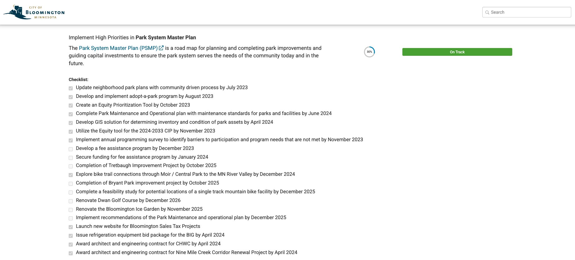 City of Bloomington Park System Master Plan Capital Improvement Dashboard