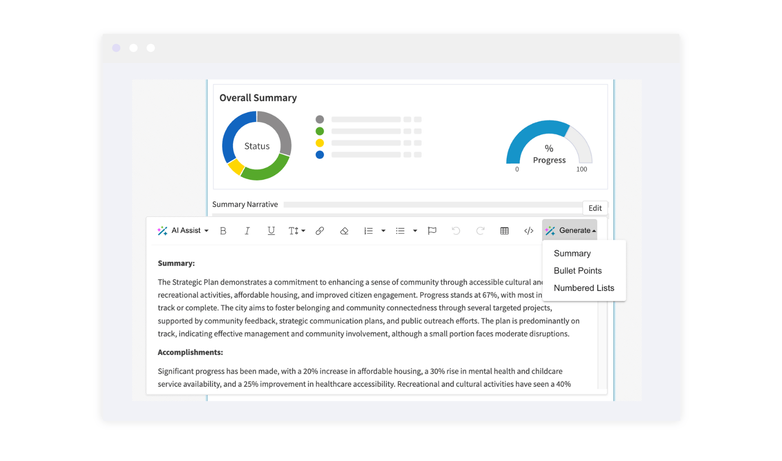 AI Assist Executive Summary in Envisio Plans