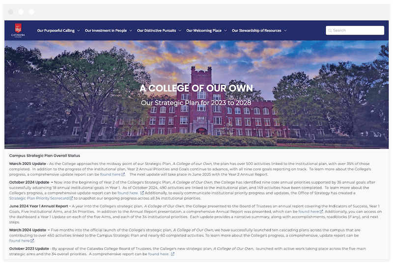 Screenshot of Catawba College's higher education strategic plan dashboard.