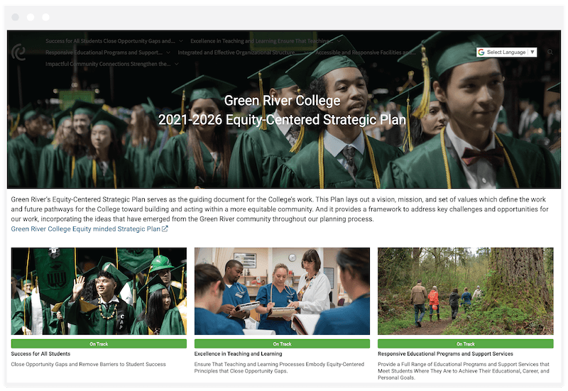 Screenshot of Green River College's higher education strategic plan dashboard.