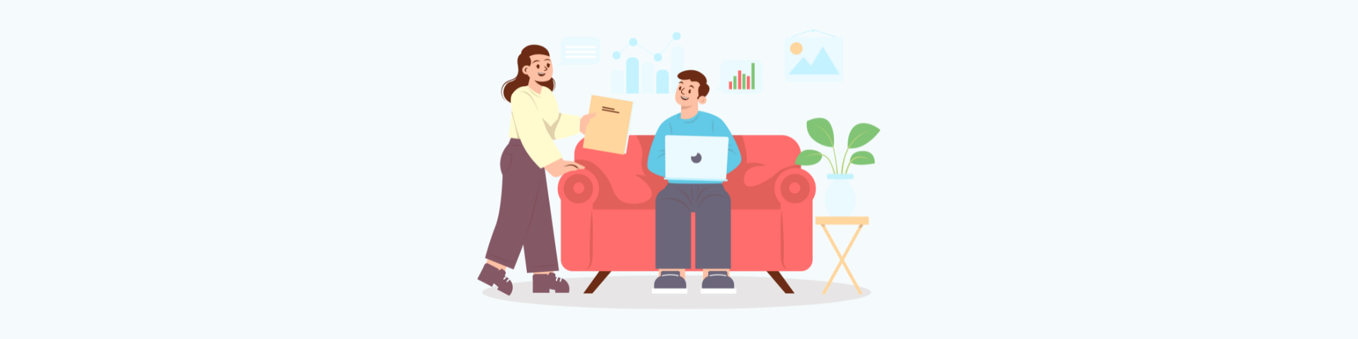 Photo of cartoon people looking at a laptop