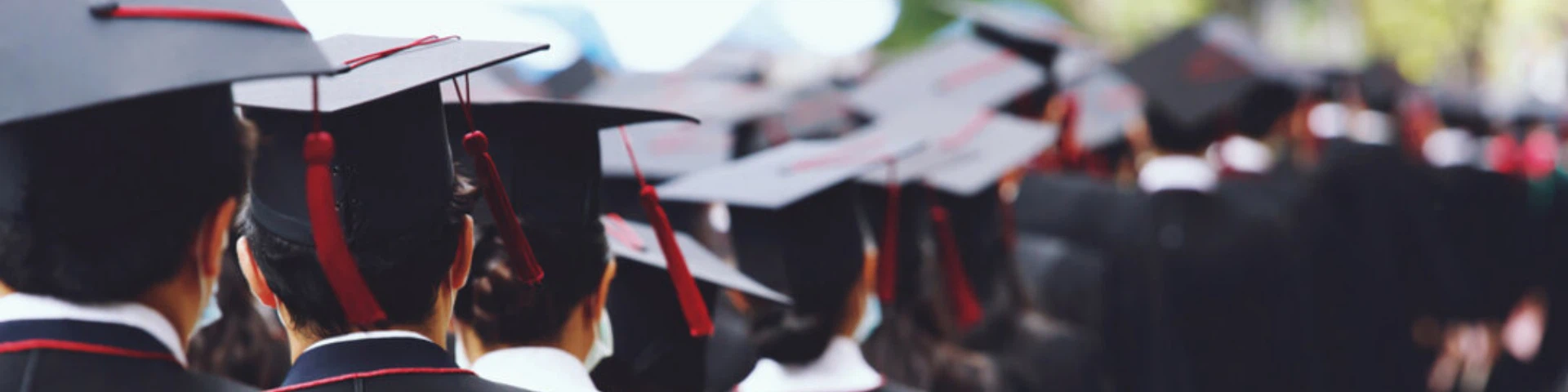 Higher education students with their back turned toward the camera, with grad caps on, representing strategic planning in higher education