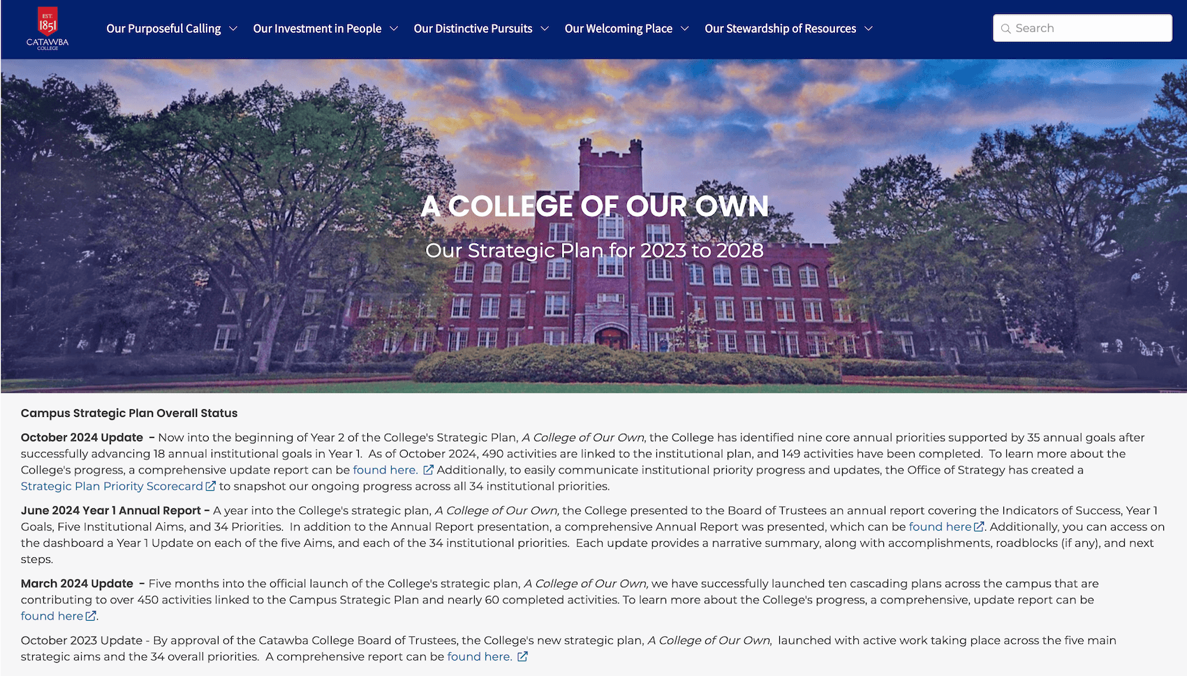 Catawba College Strategic Plan public dashboard