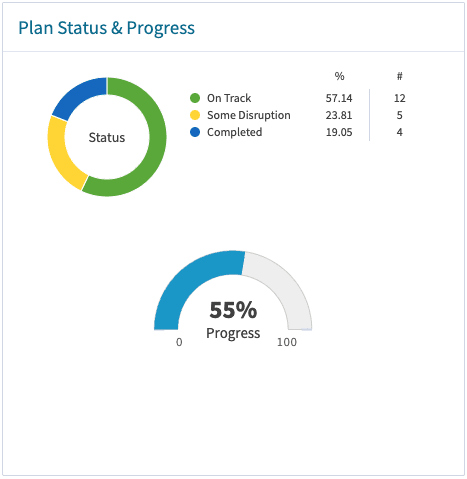 Denver Public Library Strategic Plan Status and Progress circle graphs