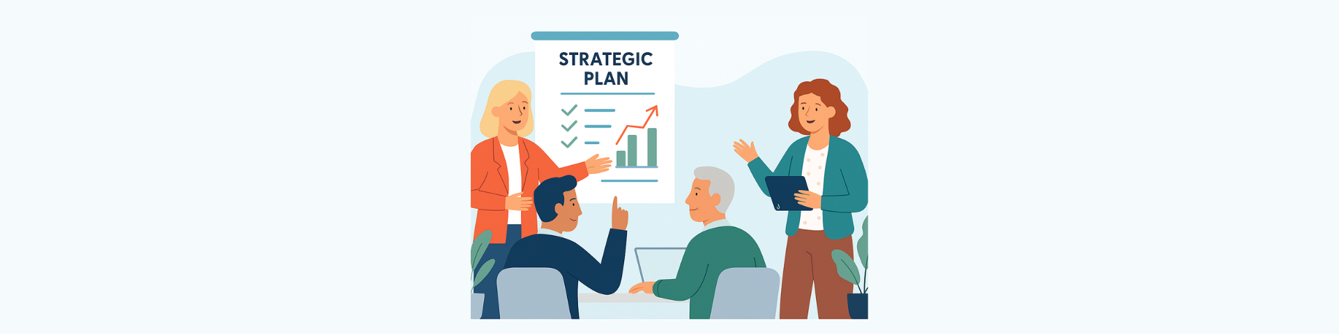 Cartoon Graphic of a diverse team discussing strategic plan, with one lady pointing to a strategic plan poster and chart