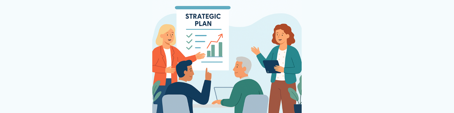 Cartoon Graphic of a diverse team discussing strategic plan, with one lady pointing to a strategic plan poster and chart