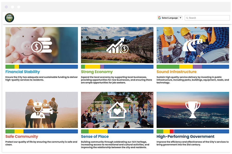 Screenshot of City of Corona's strategic plan dashboard, powered by Envisio's strategy software