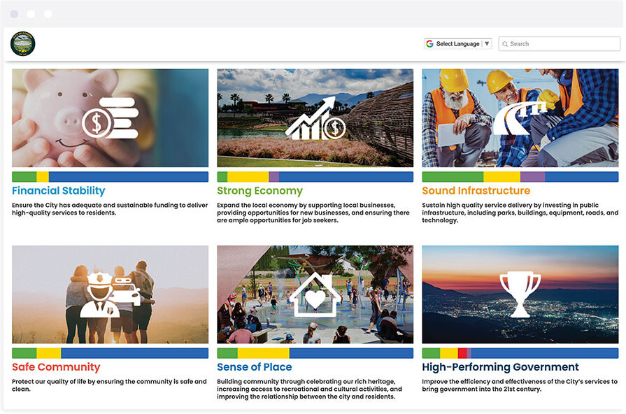 Screenshot of City of Corona's strategic plan dashboard, powered by Envisio's strategy software