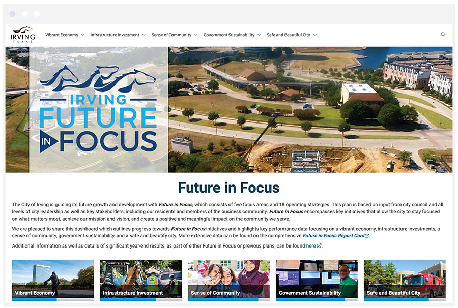 Screenshot of City of Irving's strategic plan dashboard, powered by Envisio's strategy software