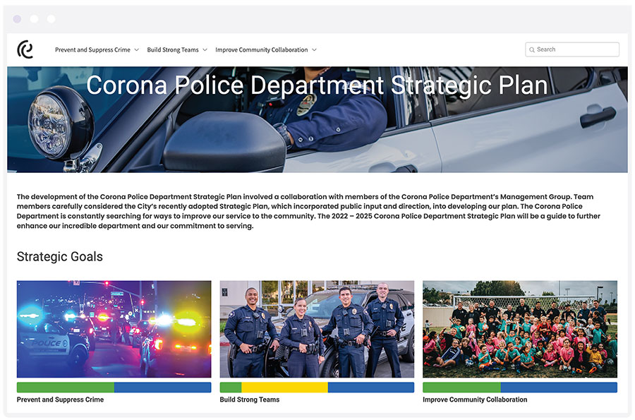 Corona Police Department Strategic Plan Dashboard Screenshot