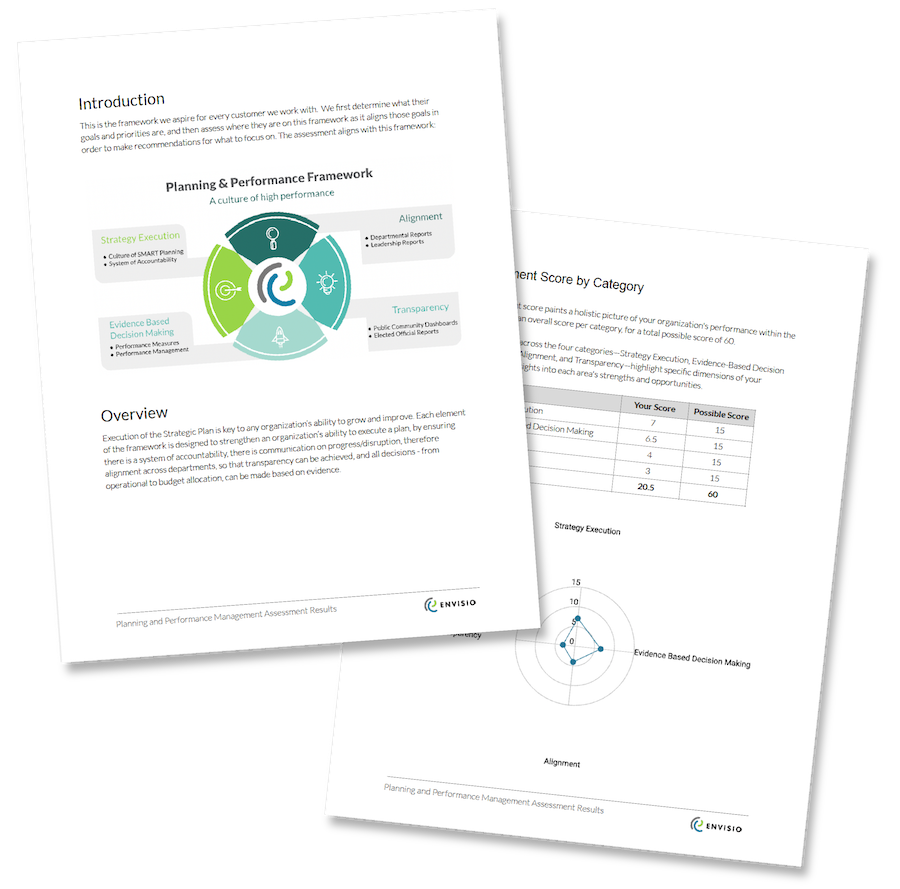 Two performance assessment documents resembling Envisio's planning and organizational performance assessment services