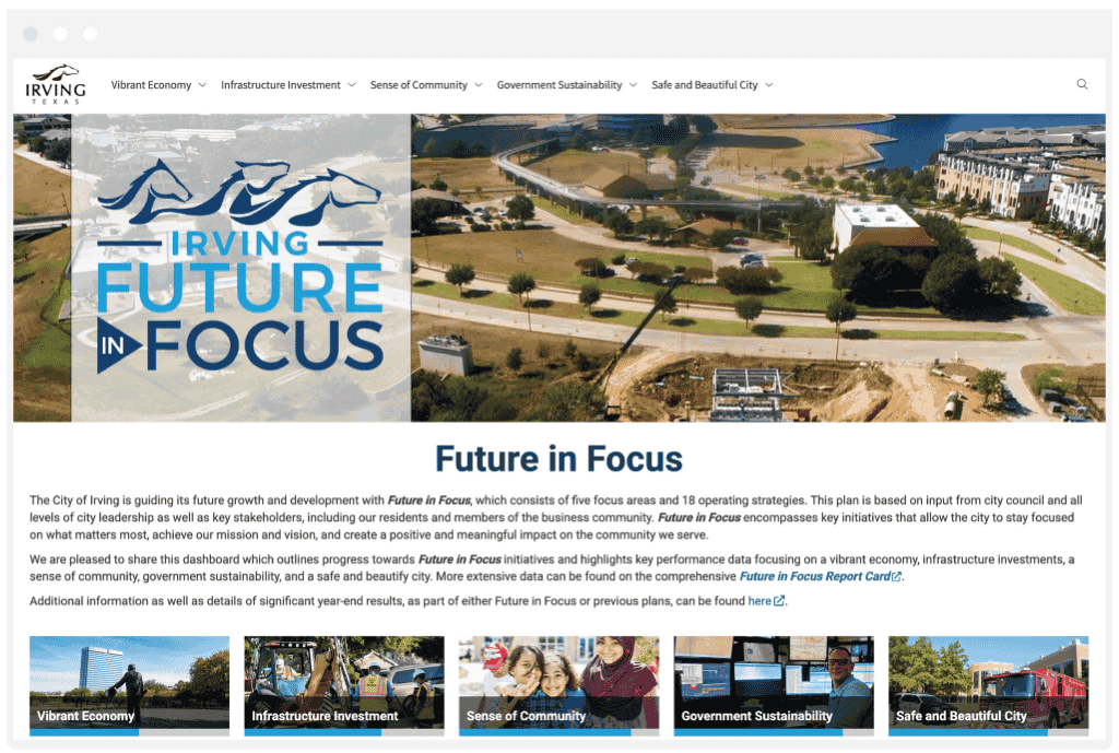 City of Irving's strategic plan dashboard, powered by Envisio's strategy software