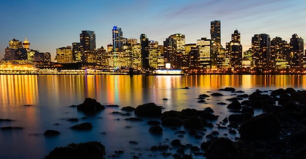 Photo of the City of Vancouver, BC, skyline at night.