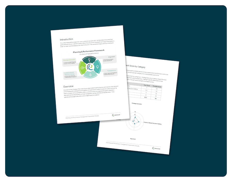 Image of two pages of Envisio's organizational planning and performance assessment.