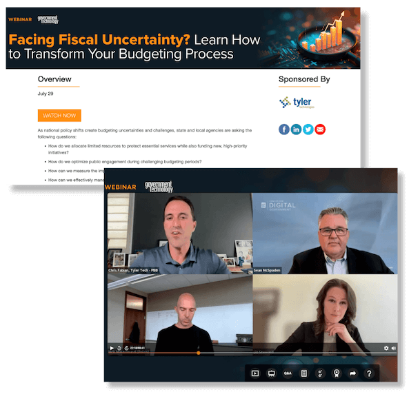 Two screenshots of a Government Technology webinar on "Facing Fiscal Uncertainty".
