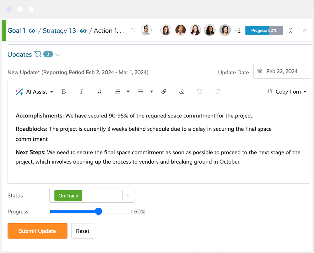 Envisio AI Assist showing an action update within a template