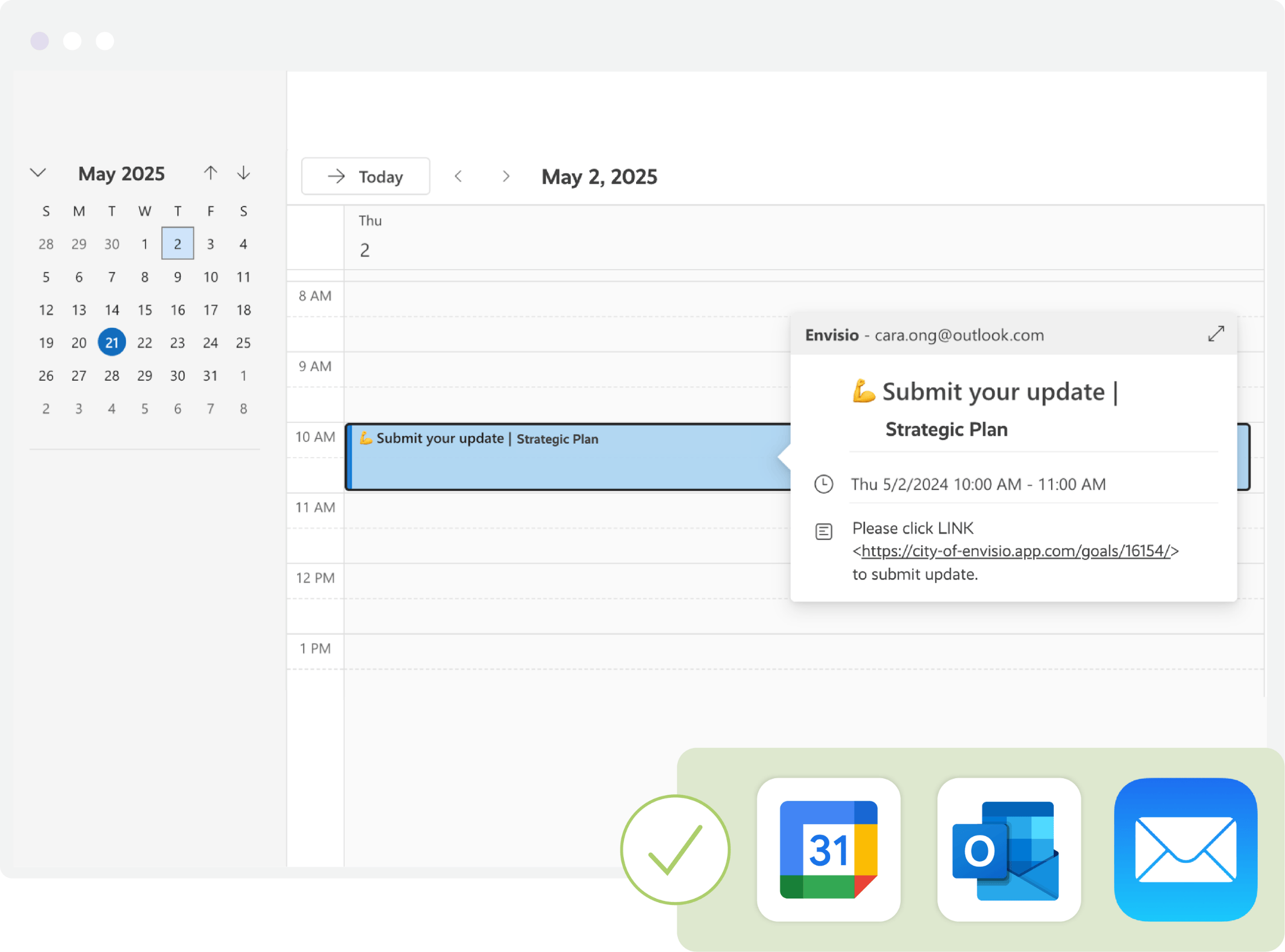 Envisio calendar integration displaying integrations with google calendar, outlook, and apple mail.