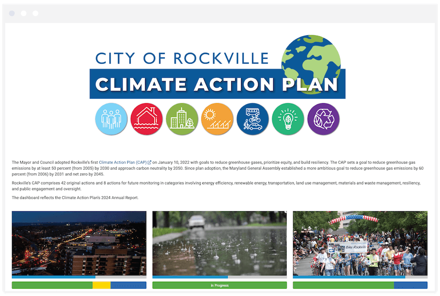 Screenshot of City of Rockville's Climate Action plan, powered by Envisio's strategy software.