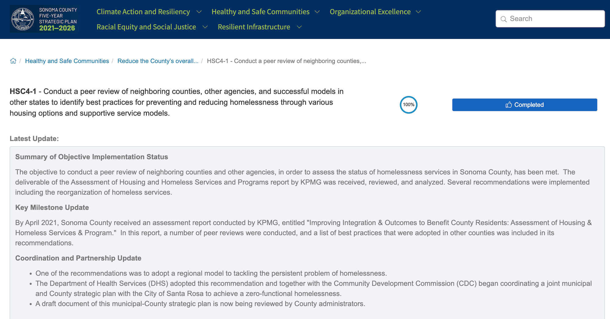 Sonoma County Reducing Homelessness Outcome Sonoma County Dashboard - Homelessness Outcome