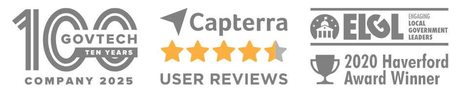 Envisio Strategy Planning Software Accolade Icons Including Govtech100, Capterra User Reviews, and ELGL Haverford Award