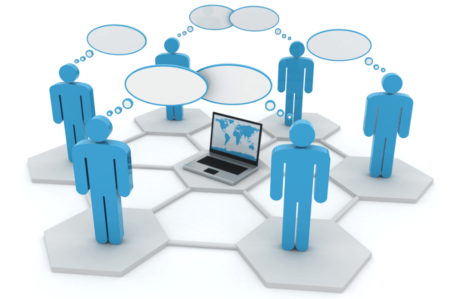 Graphic of humans with thought bubbles connected by a network grid, with a laptop in the middle