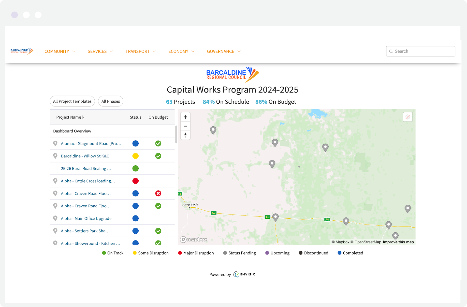 Barcaldine Regional Council public capital projects dashboard