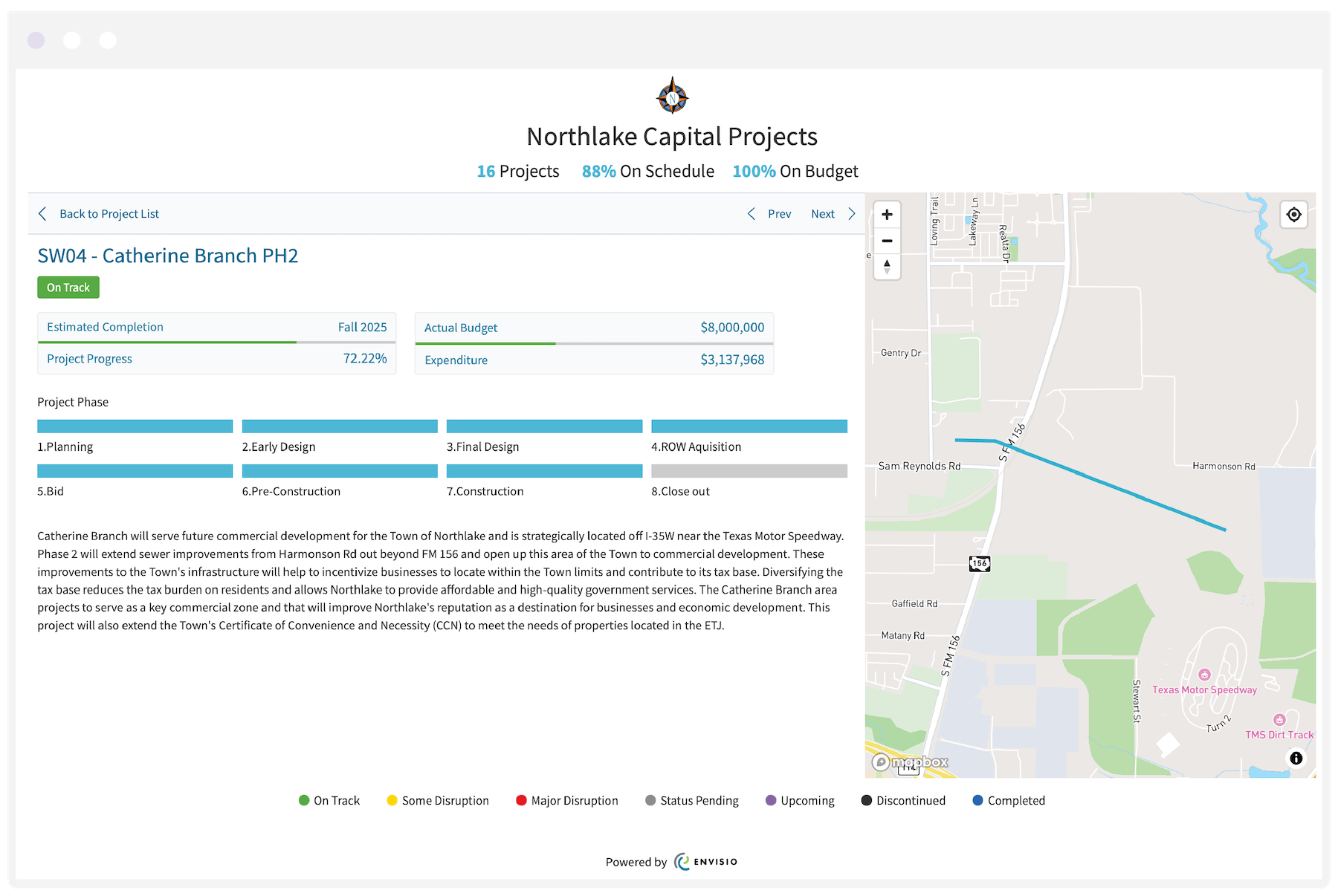 Town of Northlake Texas government project management dashboard showing capital projects