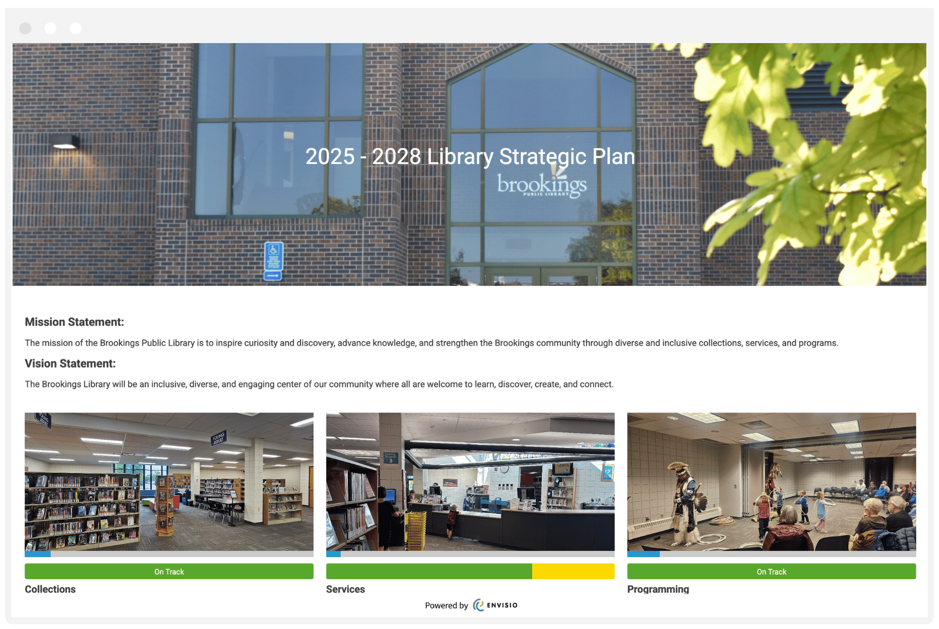 Brookings SD Brookings Public Library strategic plan dashboard showing library performance measures for collections, services, and programming with progress status indicators.