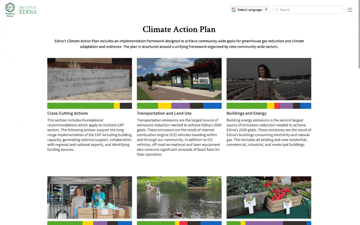 An Envisio powered public dashboard showing the City of Edina's climate action plan