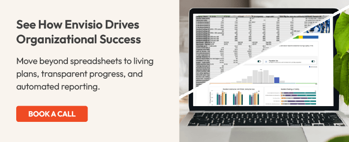 Image of a laptop with one half showing a spreadsheet and the other half showing an Envisio dashboard.