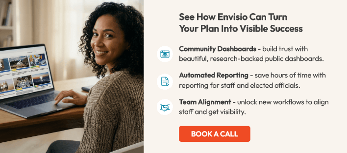 Image of a woman using an Envisio dashboard with a button encouraging the reader to 