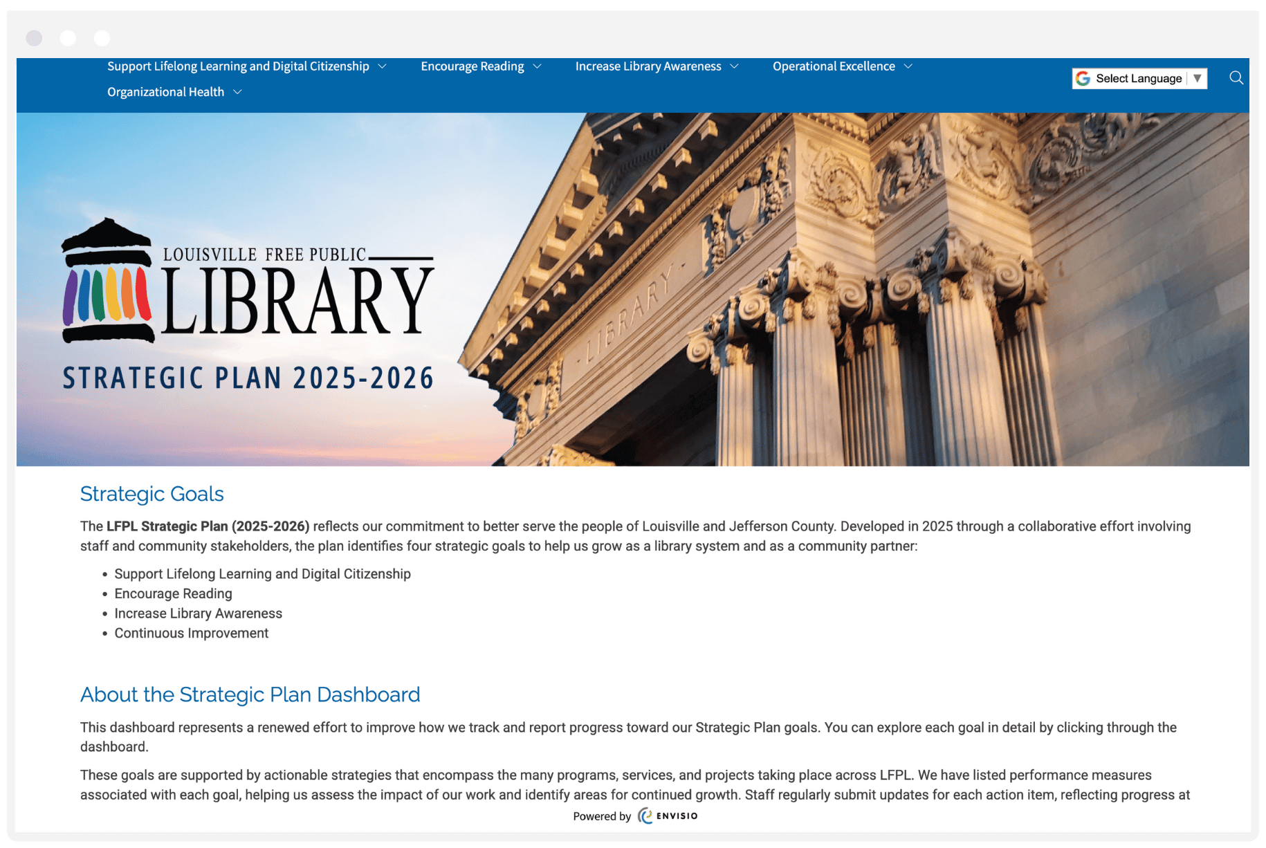 Louisville Free Public Library strategic plan Envisio dashboard Louisville Free Public Library strategic plan dashboard showing library performance measures aligned with lifelong learning, reading, and operational excellence goals.