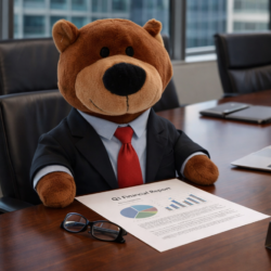 a teddy bear in a suit sits at a desk with graphs and papers around him.