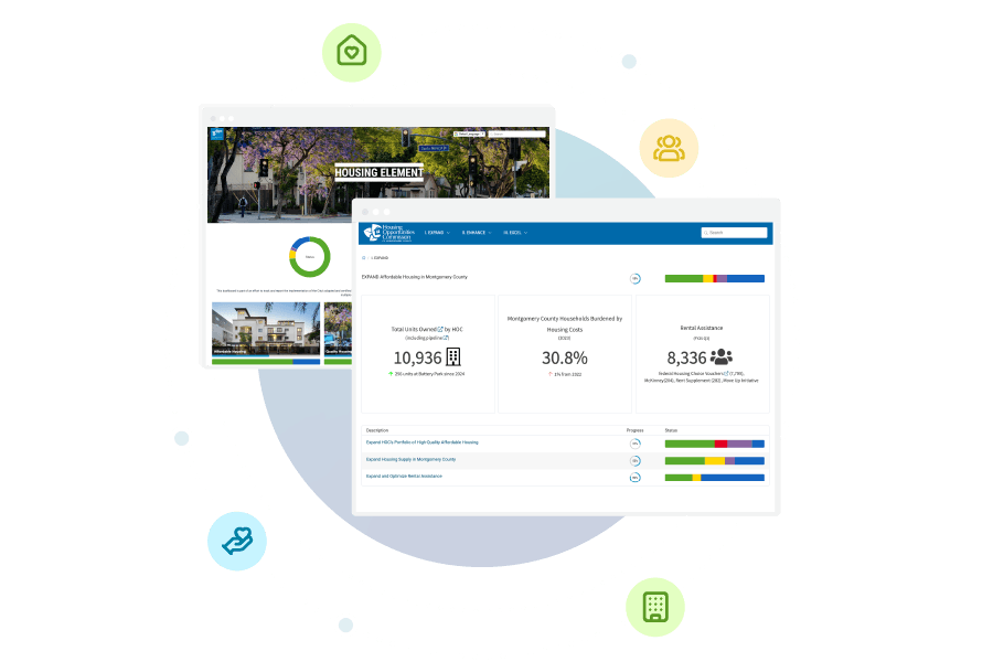 Screenshots of two real examples of affordable housing dashboards powered by Envisio.
