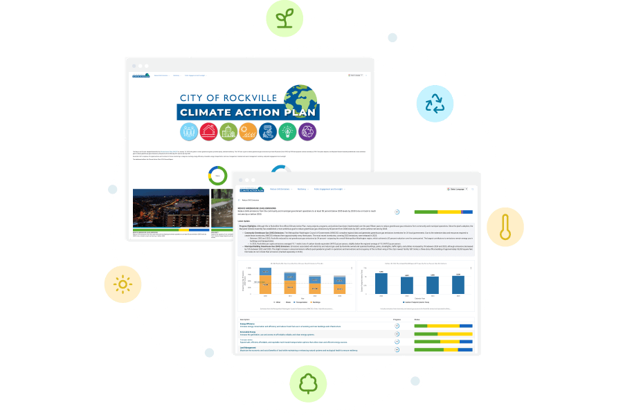 Screenshots of two real examples of climate action plan dashboards powered by Envisio.