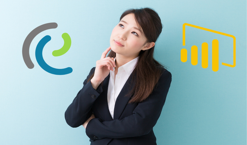 Woman considering two company logos - Envisio and Power BI