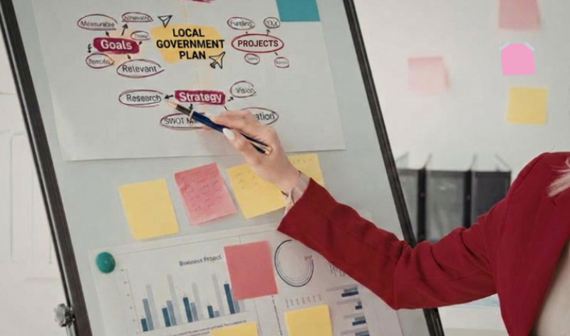 a woman's hand points to a whiteboard covered in plans and diagrams